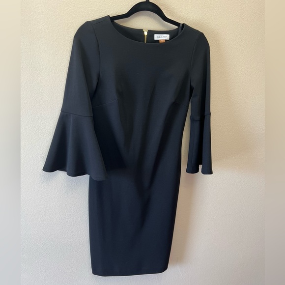 CALVIN KLEIN 3/4 Bell Sleeve Boat Neck Sheath Dress, Black, Size 2 - Picture 6 of 12